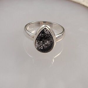 Rutilated Quartz Ring Size 7 Sterling Silver Teardrop Cabochon Gemstone